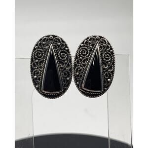 ND Vintage Navajo Oval Black Onyx Filigree Rope Dot Sterling Silver Clip Earring